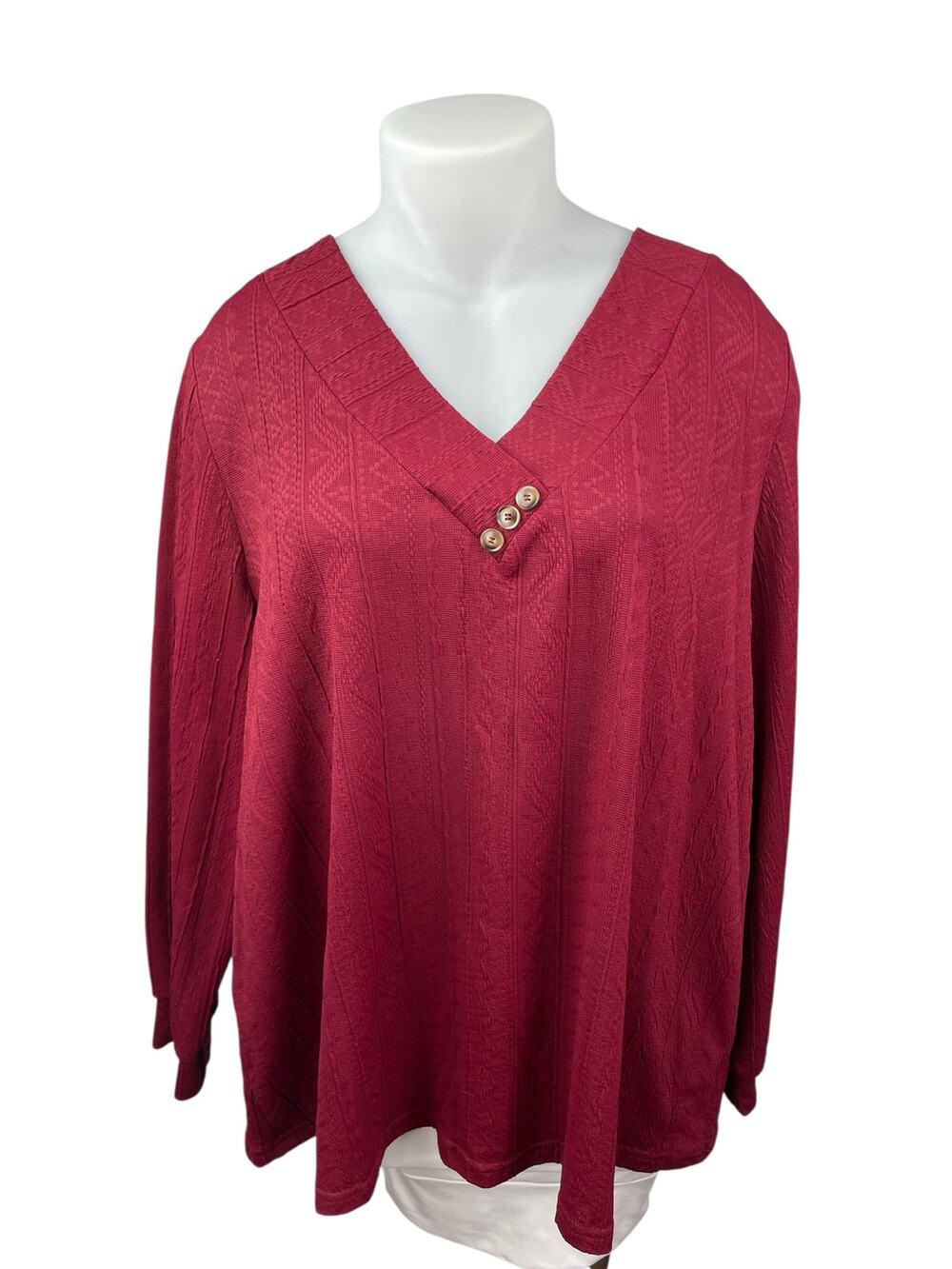 Bloomchic Women's Red Batik Textured V Neck Long Sleeve Shirt Blouse Top 22/24